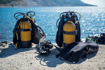 Scuba diving gear on beach. Dive Gear. diving sport. Underwater diving equipment.