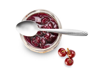 Glass jar with tasty cherry jam and spoon on white background