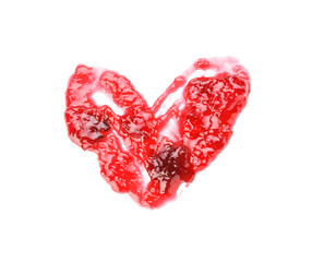 Heart made of tasty cherry jam on white background