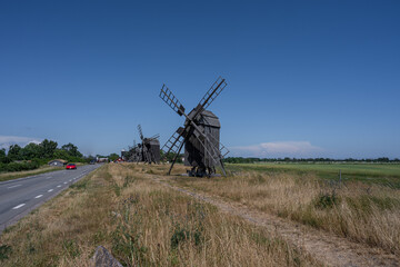 Naklejka premium A line of old windmills on a plain. Picture from the Baltic Sea island of Oland
