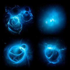 Set of blue glowing plasma energy objects in space