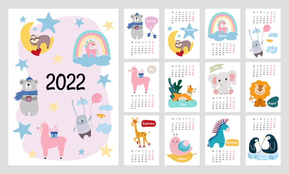 2022 Calendar or planner for kids. Cute stylized animals. Editable vector illustration, set of 12 monthly cover pages. Week starts on Monday.