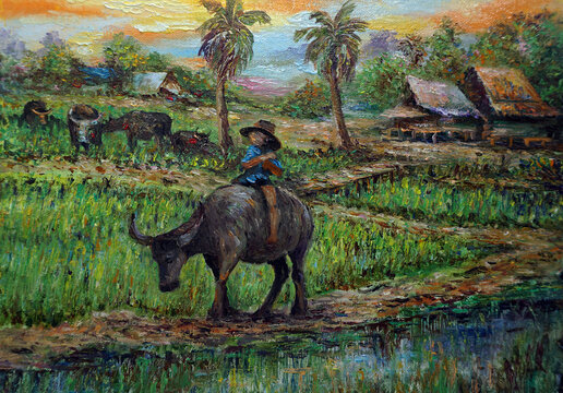 Art painting Oil color Hut northeast Thailand Countryside , Child riding a buffalo