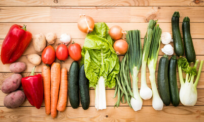 Group of assorted raw organic vegetables on a wooden table. Vegan, vegetarian detox diet