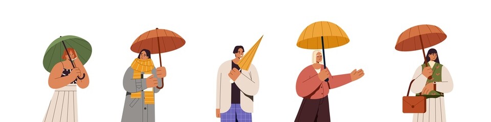 Set of people under umbrella in rainy wet weather. Happy stylish man and woman holding open and closed parasols in summer and autumn. Colored flat vector illustration isolated on white background. © Paper Trident