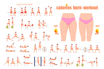 Fat burning workout. girl exercises.   calories burn training. Before and after cellulite removal.   hip correction before and after. Exercises for local fat removal. Vector illustration.  slim body. - obrazy, fototapety, plakaty