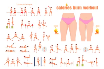 Foto op Plexiglas Fat burning workout. girl exercises.   calories burn training. Before and after cellulite removal.   hip correction before and after. Exercises for local fat removal. Vector illustration.  slim body. © TasyaArty