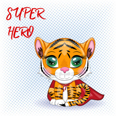 Cute cartoon tiger with beautiful eyes, orange in a red cloak, super hero