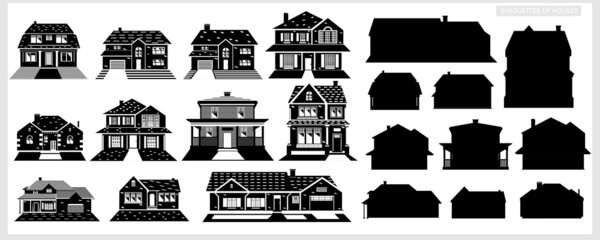 A set of houses in black and white. Silhouettes of houses. American houses.