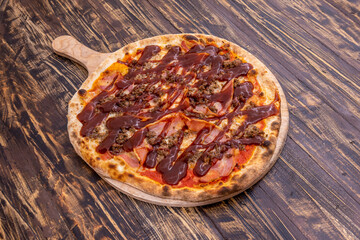 Italian Chef Cooked Pizza with Lots of Bacon and Grilled Mince and Oversized Barbecue Sauce