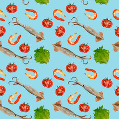 seamless pattern levitation of food for textiles or design, ingredients for making seafood and vegetable salad, lettuce leaf, tomato, raw squid with tentacles and shrimp isolated