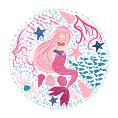 Cartoon beautiful mermaid with developing hair in a circle of seashells, algae, bubbles. Siren. Marine theme