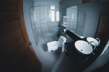 Modern bathroom take a photo with fisheye lens