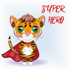 Cute cartoon tiger with beautiful eyes, orange in a red cloak, super hero