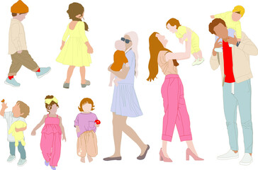 Collection vector realistic young people with child, children.  Suitable for visualizations of the architectural environment.