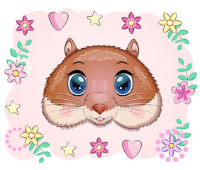 Cute cartoon hamster characters, funny animal muzzle in flower