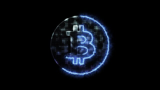 Burning bitcoin logo with particles on alpha channel background.