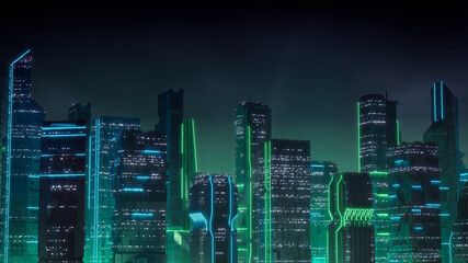 Cyberpunk Metropolis with Green and Blue Neon lights. Night scene with Visionary Superstructures.