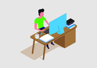 Vector illustration of a man sitting at a desk. Office work done at home. sitting in front of the computer