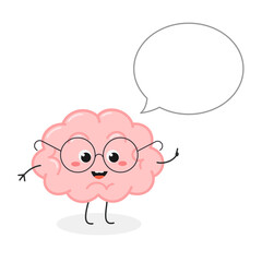 Funny nerdy brain character with speech bubble