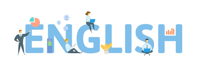 English language. Concept with keywords, people and icons. Flat vector illustration. Isolated on white.