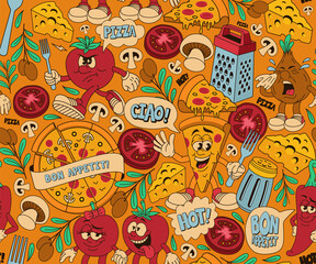 pizza seamless pattern, background with different cartoon characters for a pizzeria theme