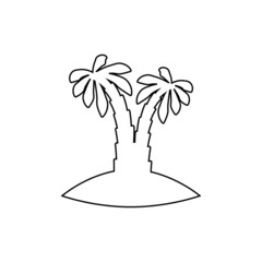 Tropical sea island with plants, palm trees, black silhouettes isolated on white background.