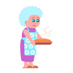 Illustration of a cute grandmother with a pie in her hands. The old woman has a kind smile on her face. Vector cartoon isolated illustration