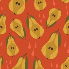 Of halves of pears. Seamless pattern on a red background. Fresh fruits. Flat design. Hand-drawnd.