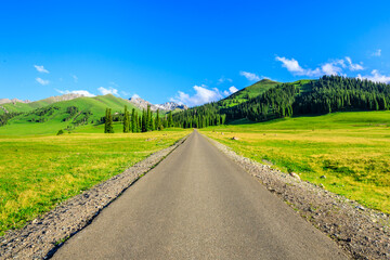 Straight road and beautiful mountain with green grass in Nalati grassland,Xinjiang,China.