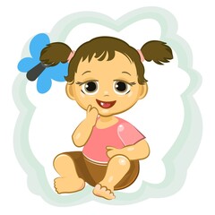 Little child. Girl. Sits playing indulges. Isolated object on a white background. Cheerful kind funny. Cartoons flat style. Preschool age. Childhood Vector.