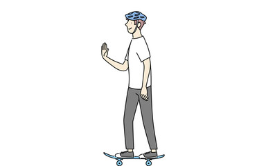 スケートボードに乗りながら腕を小さく上げて挨拶する男性