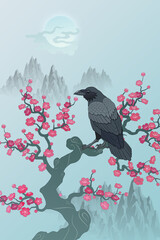 Fototapeta premium Plum blossom and crow illustration sakura Oriental painting style tattoo design