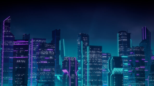 Sci-fi City Skyline with Purple and Cyan Neon lights. Night scene with Advanced Superstructures.