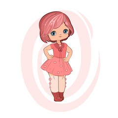 Little girl in a beautiful dress. Flirts. Handsome fashionable child. The isolated object on a white background. Vector illustration