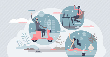 Social circle and different interests group connection tiny person concept. Communication and meetings together with various culture and ethnic connections vector illustration. People hobbies profiles - obrazy, fototapety, plakaty