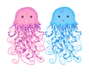 Pair of funny jellyfish hand drawn. Cute marine life, Scandinavian style, detailed