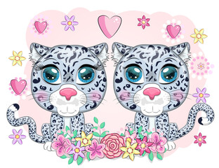 Cartoon snow leopard with expressive eyes among flowers, hearts, decorative elements. Wild animals, character, childish cute style.