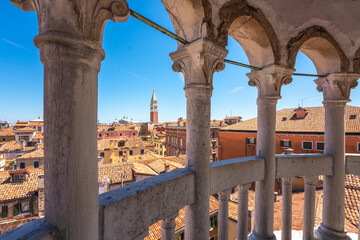 St Mark bell tower from Contarini del Bovolo stairway. Venice, Veneto, Italy.