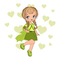 Little girl in a beautiful dress. Flirts. Handsome fashionable child. The isolated object on a white background. Vector illustration