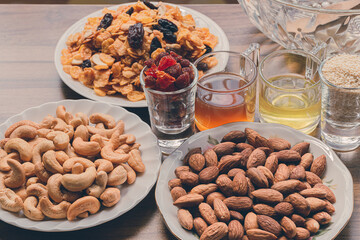 Healthy Snacks ,Food cooking from nutrition nuts, honey and dried fruit, Eating healthy concept.