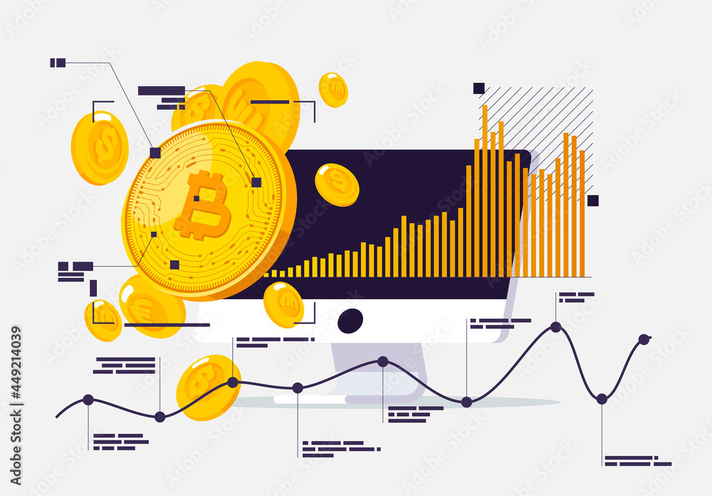Poster vector illustration of a cryptocurrency gold coin on the background of a computer monitor with analy