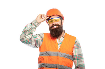 Bearded man worker with beard in building helmet or hard hat. Man builders, industry. Building...