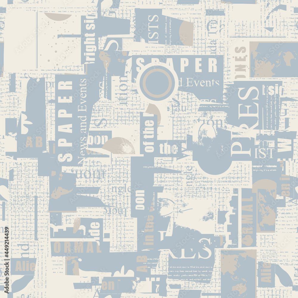 Poster abstract seamless pattern with chaotic layering of newspaper and magazine clippings on aliens theme.