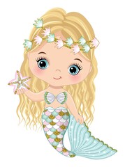 Cute Little Blond Mermaid with Glitter Fishtail, Long Curly Hair Holding Starfish. Vector Glitter Mermaid
