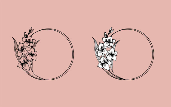 Hand drawn gladiolus flower wreath in cute doodle style. Luxury vector llustration for postcard, wedding invitations, birthday, print, thank you card. Copy space for text.