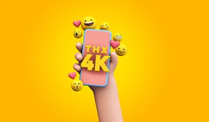 Thanks 4k social media supporters. cartoon hand and smartphone. 3D Render.
