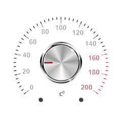 Naklejka premium Vector temperature regulator on a white background, chrome, metal. Home appliance temperature control interface
