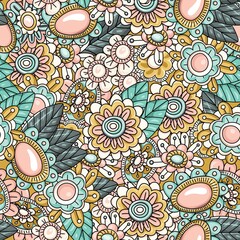 Cute seamless pattern of beautiful flowers and leaves. Spring. Perfect for wallpapers, gift paper, greeting cards, fabrics, textiles, web designs. Hand-drawn. Vector illustration.