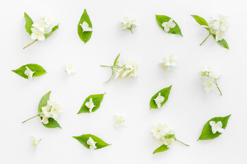 Obraz premium White jasmine flowers pattern top view. Floral flat lay